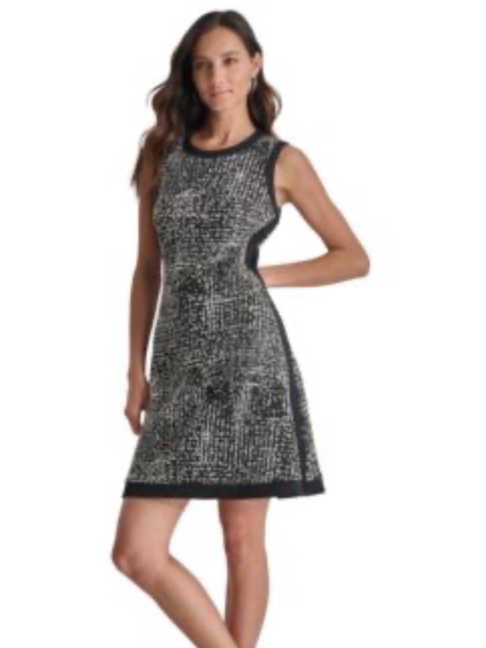 DKNY Black and White Textured Sleeveless Fit & Flare Dress